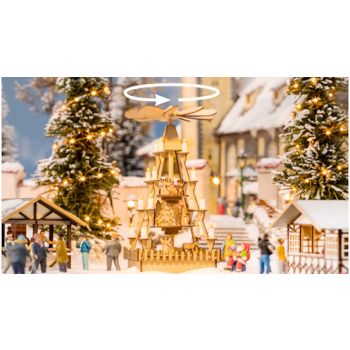 Weihnachtsmarkt-Pyramide, Laser-Cut Bausatz aus Holz, sowohl das Flügelrad als auch die Figuren in den 3 Stockwerken drehen sich, mit Motor