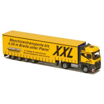 Mercedes-Benz Actros2 Big./Aerop., Jumbo-Gardinen-Koffersattelzug, Spedition Morof, Althengstett, Maschinentransporte bis 4,50 m Breite unter Plane!