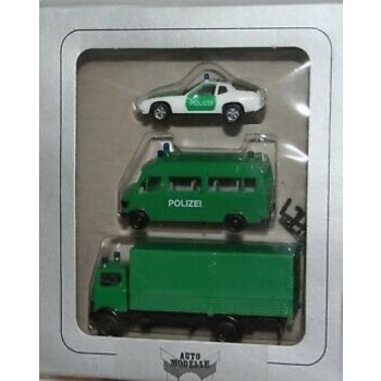 Polizei 3er Set: Porsche 924, Mercedes-Benz 207 Kombi und Mercedes-Benz 813 Pritsche/Plane, grün