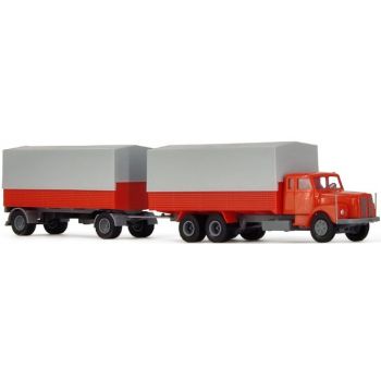 Scania 111 3achs LKW mit Anhänger, Pritsche/Plane, blutorange/grau, Brasilien