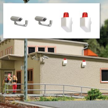 Mini-Set Überwachungskameras und Alarmanlagen, 2 Überwachungskameras und 2 Sirenenkästen mit Blinklichtern von Haus-Alarmanlagen