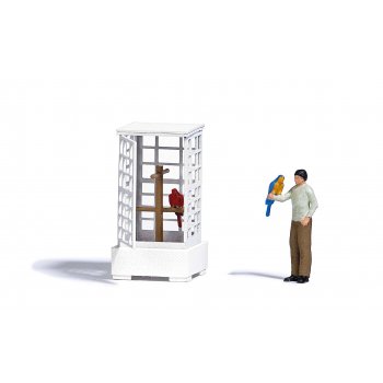 Vogelvoliere: Vogelvoliere mit Tür, Vogelhalter und Papageien