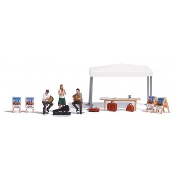Straßenmusikanten, 3 Musikanten, Gitarrenkaste, Werbeaufstellern, Pavillonzelt, Tisch, Werbeflyern, CD's sowie Reisegepäck