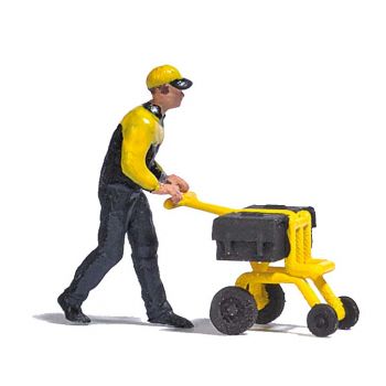 Postzustellung, Briefträger mit Zustellwagen.