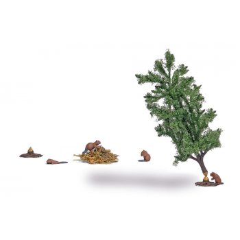 Biberburg, 4 Biber, Biberburg, Wurzel und angenagter Baum, Höhe: 9 cm