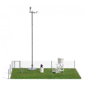 Wetterwarte, Anlage zur Wetterbeobachtung mit meteorologischem Messturm, Windmesser, Windrichtungsmesser, Wetterhütte und Treppenaufgang,