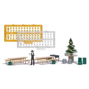 Richtfest - mit Zimmermann, Brauereigarnituren, Grill, Bierfässer und -kisten, Bierhumpen und einem Richtbaum.