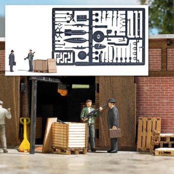 Waffenschieber Action-Set: Waffenhändler mit Käufer, mit Kiste aus Holz sowie Gewehren, Bomben, Werkzeugen und einem Fass