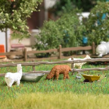 Alpakas mit Tränke, Action-Set mit 2 Alpakas, Tränke, Schubkarren, Eimer, Stallwerkzeug und Weidenzaun 130 cm