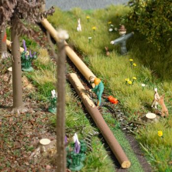 Baumschälung, Waldarbeiter, der vom Borkenkäfer befallene Baumstämme entrindet, mit 3 geschälten Baumstämmen, 1 Baumstamm in Arbeit und Zubehör