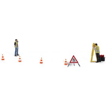 Vermessung, 2 Arbeiter vom Vermessungsamt führen digital Messungen durch, Leitkegel, Verkehrsschild, Materialkisten, Action-Set