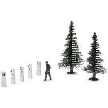 Streckenläufer unterwegs auf Kontrollgang entlang der Gleise, Action-Set mit Figur, Kilometersteinen und 2 Fichten