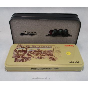 Märklin Museumswagen 1999, Fr. Kauffmann Ebersbach, Museum 1999 (Fasswagen mit Bremserhaus, beiliegend Oldtimer-LKW beladen mit Fässern, in Blech-