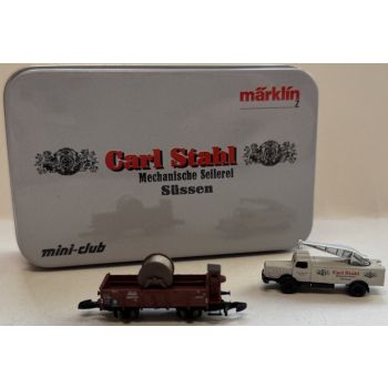 Märklin Museumswagen 2003 mini-club, Carl Stahl Mechanische Seilerei Süssen, Hiochbordwagen mit Beladung und LKW, in Blechschatulle