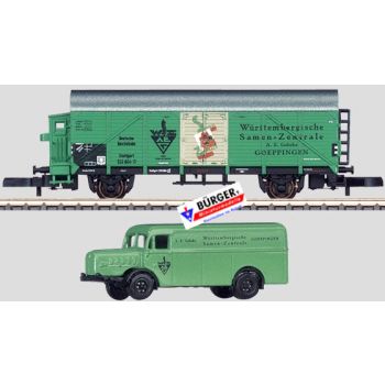 Märklin Museumswagen 2005, Württembergische Samen-Zentrale Göppingen, (Altbaugüterwagen mit Oldtimer-LKW), in Blechschatulle