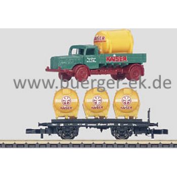 Märklin Museumswagen mini-club - 2006, Kaiser Bier - Kaiser Brauerei Geislingen, Bierbehälter-Tragwagen und LKW Modell, in Blechschatulle