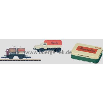 Märklin Museumswagen 2008 mini-club, Henstenberg Esslingen, Holzfasswagen mit Bremserhaus, Magirus Rundhauber und Büssing LKW, in Blechschatulle