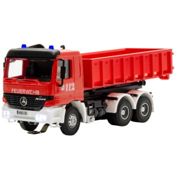Mercedes-Benz Actros 3-achs Abrollcontainer LKW mit Rundumleuchten, Feuerwehr, rot, Funktionsmodell, Carmotion