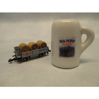 Dampf Bier - Staufen Bräu Göppingen, Offener Güterwagen mit Bremserhaus, beladen mit 3 Bierfässern, spezielle Verpackung mit kleinem Bierkrug