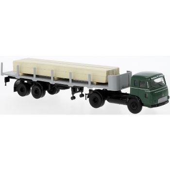 Magirus Pluto Rungenpritschen-Sattelzug, Holzbau W. Schindel, mit Holzladung, Baujahr 1964