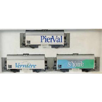 Französische Mineralwasserwagenpackung I mit 3 Wagen (4415) der SNCF: PierVal SOURCES / Verniere SOURCE / St Yorre