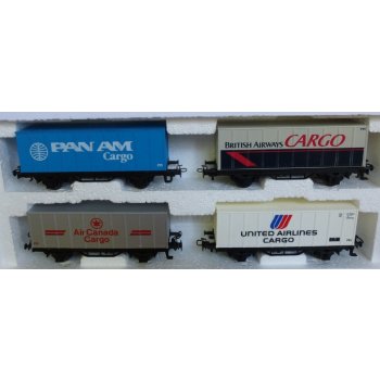 Internationale Luftfahrt Set 2: Inhalt 4 Containerwagen (4481): 1) PAN AM Cargo, 2) British Airways Cargo, 3)Air Canada Cargo, 4)United Airlines Cargo
