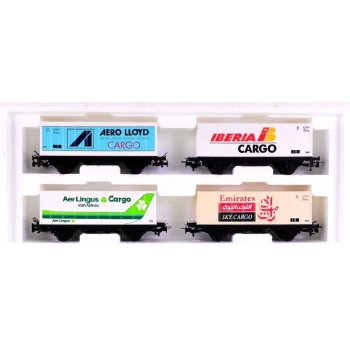 Internationale Luftfahrt, Set 3, Inhalt: 4 Containerwagen (4481): 1) AERO LLOYD CARGO, 2) IBERIA CARGO, 3) Aer Lingus Cargo Irish Airlines 4) Emirates