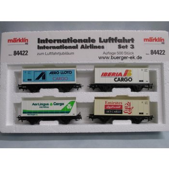 Internationale Luftfahrt Set 3, Inhalt 4 Containerwagen (4481): AERO LLOYD / IBERIA CARGO / Aer Lingus Cargo Irish Airlines / Emirates SKY CARGO,