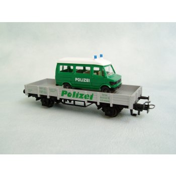 Niederbordwagen 'POLIZEI', silbern, 2achsig, beladen mit Mercedes-Benz 207D POLIZEI,