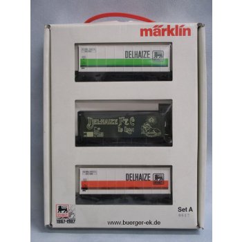 Wagen-Set, DELHAIZE. Set A, Inhalt 3 bunte Wagen, 2 Containerwagen (4481), 1 Gedeckter Güterwagen mit Bremserhaus (4680), Belgien