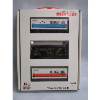 Wagen-Set, DELHAIZE. Set B, Inhalt 3 bunte Wagen, 2 Containerwagen (4481), 1 Gedeckter Güterwagen mit Bremserhaus (4680), Belgien