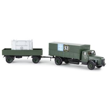 Volvo N 88, Pritschen-Hängerzug mit Ladung/Container, SJ - Schweden