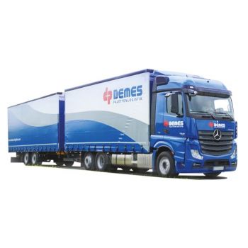 Mercedes-Benz Actros2 Stream., Gardinen-Koffertandemhängerzug, Demes