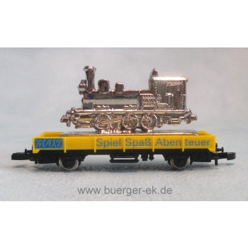 MAXI Spiel Spaß Abenteuer (gelber Niederbordwagen beladen mit Metall-Lokomotive, Int.Spielwarenmesse Nürnberg 1994)