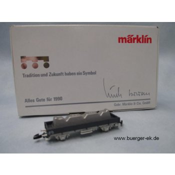 Märklin Niederbordwagen grau!, Jahreswagen 1990, beladen mit Metallbarren, Karton mit Aufschrift Alles Gute für 1990
