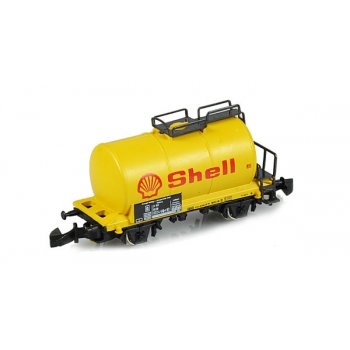 Kesselwagen Shell, 2achsig, altes Shell-Emblem, Kunststoffräder, rotes RIV-Zeichen, schwarze Bremsecken, schwarze Rahmenbeschriftung, mini-club