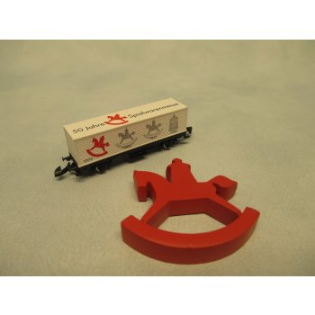 50 Jahre Spielwarenmesse, Containerwagen (8617) mit Dachbedruckung, beiliegend Mini-Schaukelpfer, spezielle Verpackung mit Aufschrift 50 Jahre 1950-