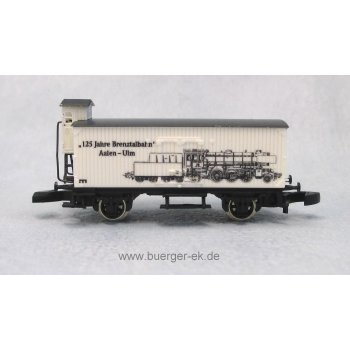 Brenztalbahn 125 Jahre Aalen - Ulm, wechselseitige Bedruckung (Gedeckter Altbaugüterwagen mit Bremserhaus)