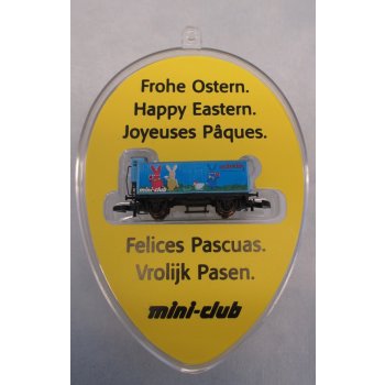 Frohe Ostern. Happy Eastern. Joyeuses Paques. Felices Pascuas. Vrolijk Pasen. märklin mini-club, (Altbaugüterwagen mit Bremserhaus,  Abb. von Oster