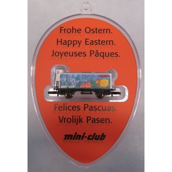 Frohe Ostern. Happy Eastern. Joyeuses Paques. Felices Pascuas. Vrolijk Pasan. Märklin mini-club, Abbildung Henne und Osterei, Krokusse, verpackt in
