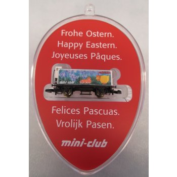 Frohe Ostern. Happy Eastern. Joyeuses Paques. Felices Pascuas. Vrolijk Pasan. Märklin mini-club, Abbildung Henne und Osterei, Krokusse, verpackt in