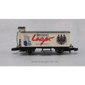 Binding Lager Frisch und Spritzig (Gedeckter Altbaugüterwagen mit Bremserhaus)