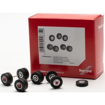 Zubehör Radsätze Scania, Stahl, Bereifung 11.00-20 Baustellenprofil, silber/rot, je 1x Lenk-/Antriebs-/Nachlaufachse + 1 Ersatzrad