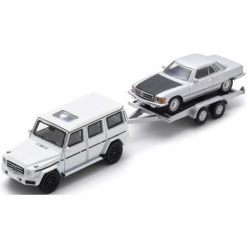 Mercedes-Benz G-Klasse mit Autotransportanhänger beladen mit Mercedes-Benz 450 SLC