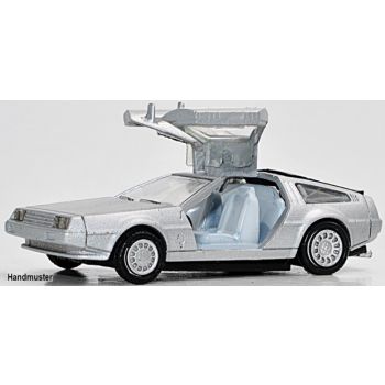 DeLorean CMC 12 silber mit geöffneten Türen, graue Inneneinrichtung