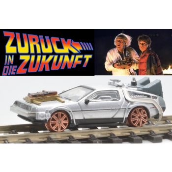 DeLorian Schienenzeitmaschine - Modell aus der Film-Trilogie ZURÜCK IN DIE ZUKUNFT mit Marty McFly und Doc Brown, graue Inneneinrichtung, ohne Antrieb