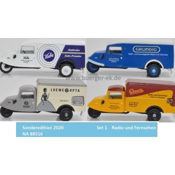 Set Wirtschaftswunder Radio + Fernsehen, Goliath GD 750: Kuba Imperial Wolfenbüttel, Grundi Radiowerke Fürth, Loewe Opta Berlin-Steglitz, Graetz