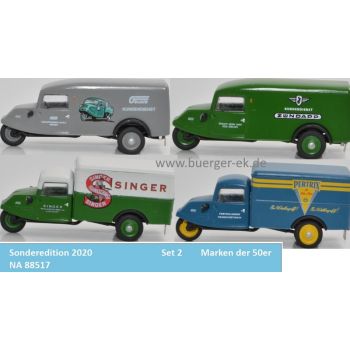 Set Wirtschaftswunder Marken der 50er, Goliath GD 750: Goliath Kundendienst Bremen, Singer Karlsruhe, Zündapp München, Pertrix-Batterien Frankfurt/M.