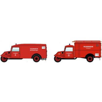 Goliath GD 750 Feuerwehr-Set mit 2 Modellen: Kobinationswagen Feuerwehr Werkstattwagen und Kastenwagen Feuerwehr Löschgruppe 2, rot