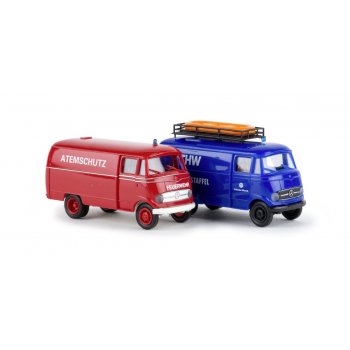 Set mit 2 Mercedes-Benz L 319 Kasten, Feuerwehr und THW - Technsches Hilfswerk, (THW-Modell mit Dachträger und Schlauchboot)